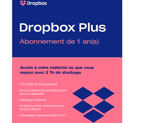Dropbox plus - 2 to de stockage pour 1 ans (mise à niveau de Dropbox Basic de 2 Go) - Téléchargement électronique