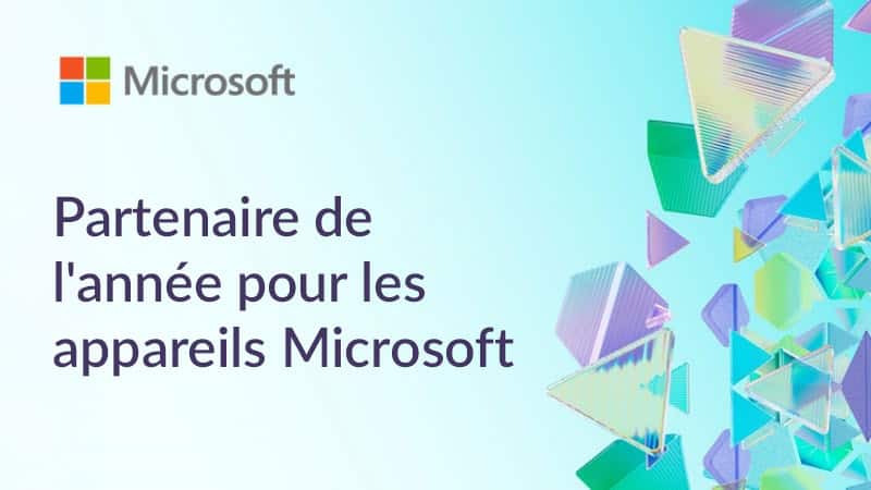 On a gagné! Prix du partenaire de l’année. Partenaire appareil Microsoft de l’année. Logos de Lenovo et Microsoft.